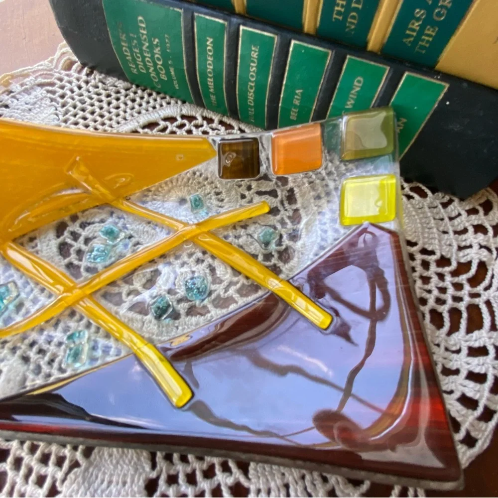 Artistic Fused Glass Decorative Tray Plate EUC